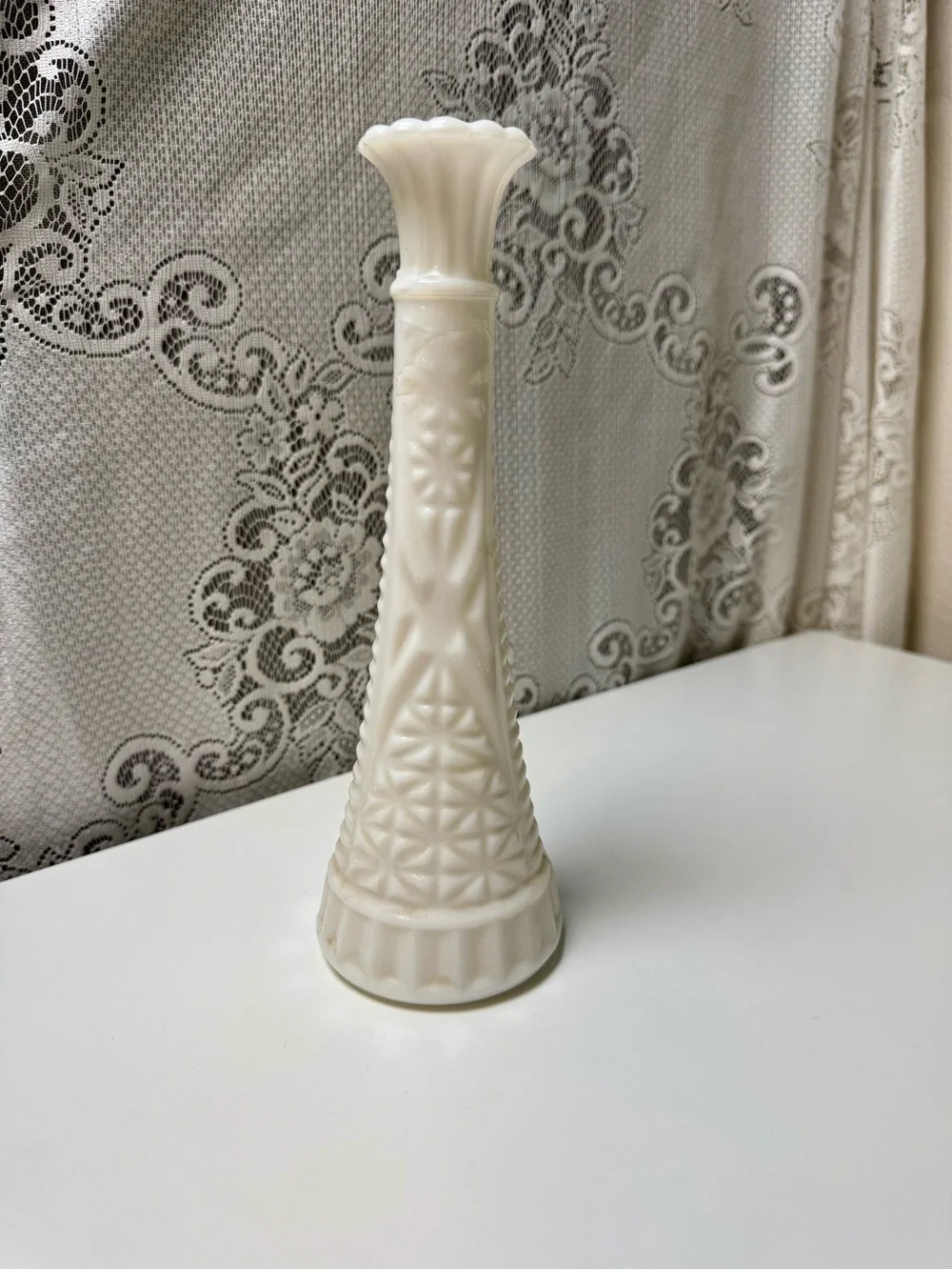 Classic White Milk Glass Bud Vase - Elegant Floral Pattern